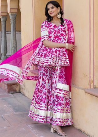White Readymade Floral Printed Sharara Suit Set