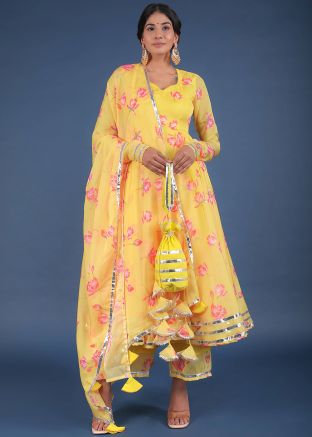 Readymade Yellow Floral Printed Organza Anarkali Suit