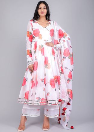 White Readymade Floral Printed Anarkali Suit Set