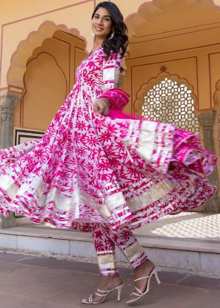 White Floral Printed Readymade Anarkali Suit Set