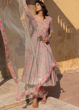 Readymade Grey Floral Printed Anarkali Style Suit In Cotton