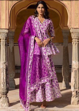 Readymade White Block Printed Sharara Suit In Cotton