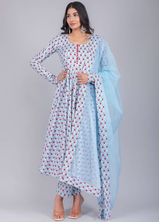 Readymade Blue Floral Printed Anarkali Suit Set