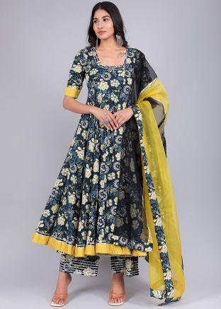 Black Readymade Floral Printed Anarkali Suit Set