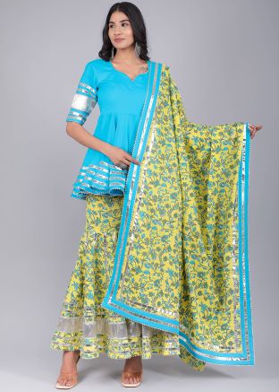 Blue Laced Readymade Peplum Style Sharara Suit