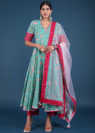 Readymade Blue Floral Printed Angrakha Style Suit