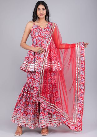 Readymade Floral Print Red Peplum Style Sharara Set