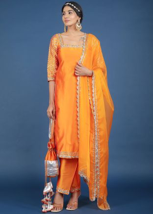 Readymade Orange Art Silk Laced Pant Suit