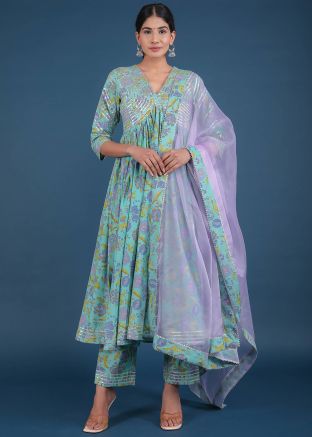 Green Readymade Floral Printed Anarkali Suit