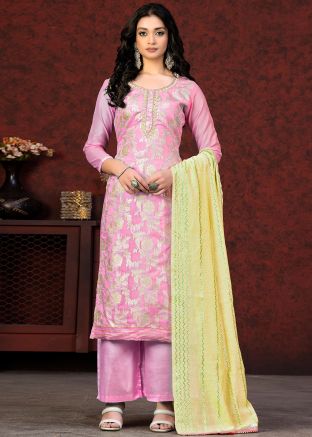 Pink Zari Woven Pant Style Suit Set