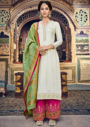 Off White Zari Woven Palazzo Suit Set In Jacquard