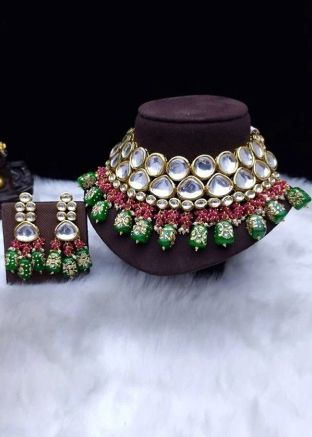 Green Beads & Kundan Studded Necklace Set