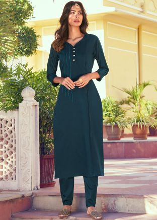 Blue Embroidered Kurta Set In Art Silk