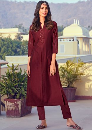 Maroon Embroidered Kurta With Pant