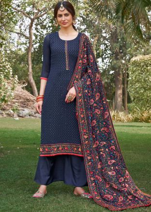 Navy Blue Embroidered Palazzo Style Suit Set