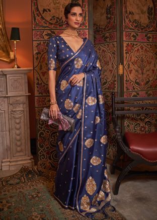 Navy Blue Woven Work Satin Saree