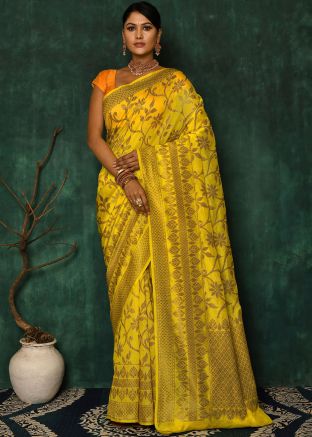 Yellow Zari Woven Banarasi Silk Saree With Blouse