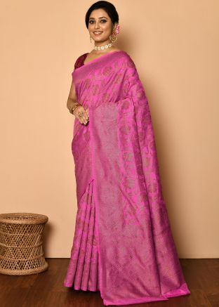 Pink Zari Woven Banarasi Silk Saree With Blouse