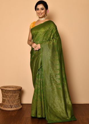 Green Zari Woven Mehendi Saree With Blouse