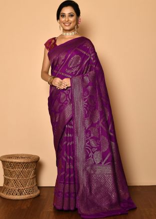 Purple Banarasi Silk Saree With Zari Woven Theme