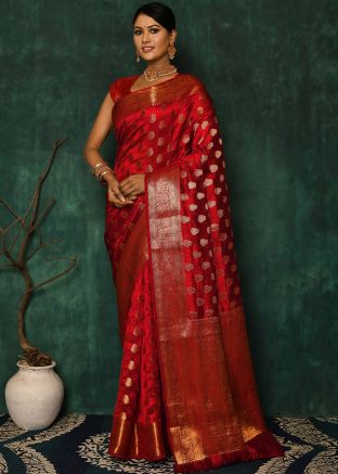Red Silk Saree With Woven Pallu