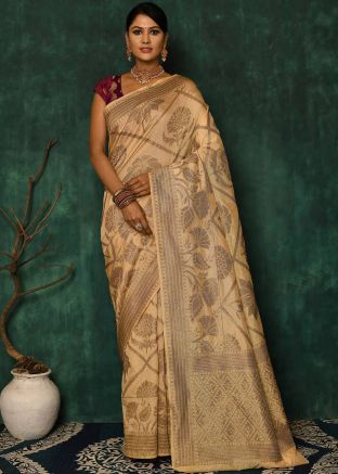 Cream Festive Woven Banarasi Silk Saree
