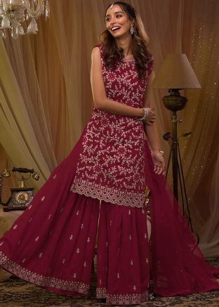 Red Embroiderd Gharara Suit Set In Georgette