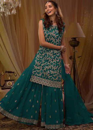Turquoise Georgette Embroidered Gharara Suit Set