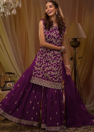 Purple Embroidered Straight Cut Suit Set