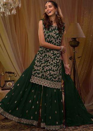 Green Festive Embroidered Suit Set In Georgette