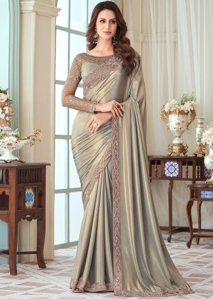 Grey Embroidered Border Saree In Art Silk