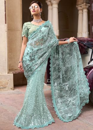 Blue Sequins Embellished Net Saree
