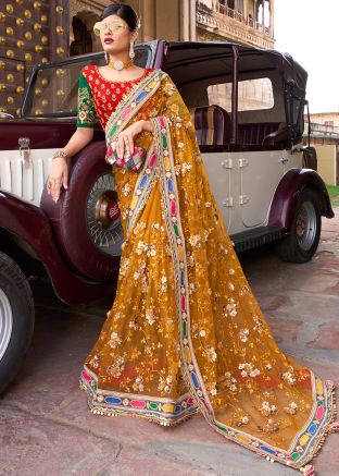 Yellow Net Embroidered Saree With Blouse