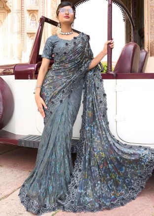 Grey Contemporary Style Embroidered Saree In Net