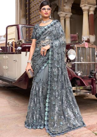 Grey Applique Embroidered Net Saree