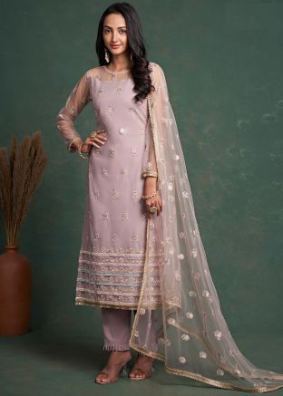 Purple Embroidered Net Pant Suit Set