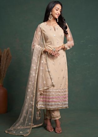 Cream Sequins Embroidered Pant Suit Set In Net