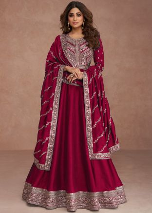 Shamita Shetty Maroon Sequins Embroidered Anarkali Suit Set