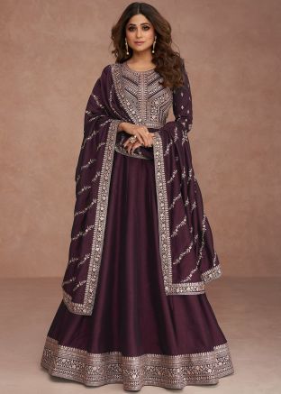 Shamita Shetty Magenta Anarkali Suit Set In Silk