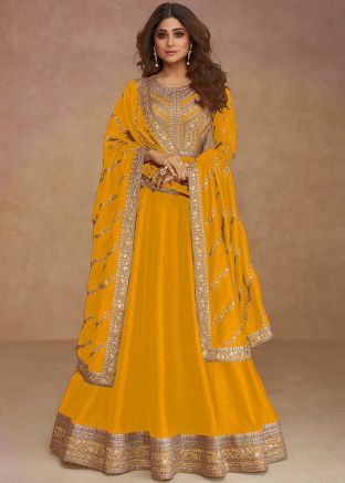Shamita Shetty Yellow Anarkali Salwar Suit In Silk