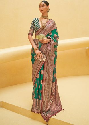 Green Stone Embellished Saree In Tussar Silk