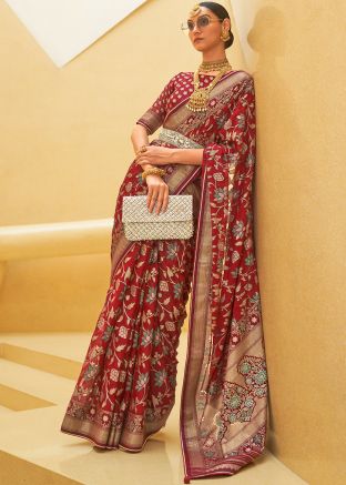 Red Tussar Silk Brasso Saree & Blouse