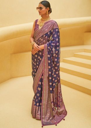 Navy Blue Brasso Work Tussar Silk Saree