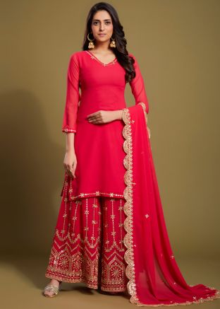 Pink Embroidered Palazzo Suit Set In Georgette