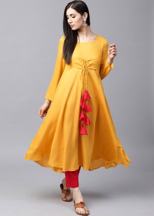 Readymade Rayon Long Kurta In Yellow