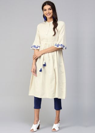 Cream Readymade Flared Cotton Long Kurta