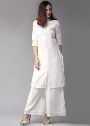 White Cotton Readymade Pin Tucks Long Kurta