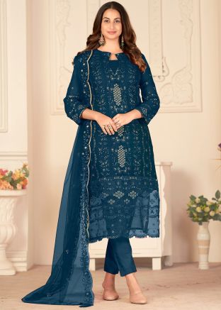 Blue Embroidered Pant Suit Set With Net Dupatta