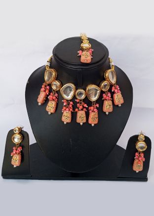 Peach Alloy Based Kundan Choker Set