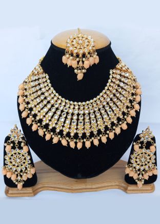 Peach Kundan Alloy Based Necklace Set